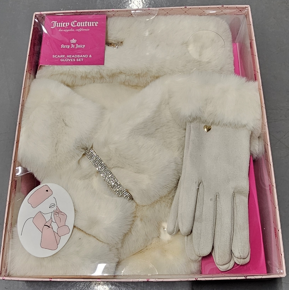 Juicy Couture Cream Colored Faux Fur Scarf, Headband & Touchscreen Glove Set NIB